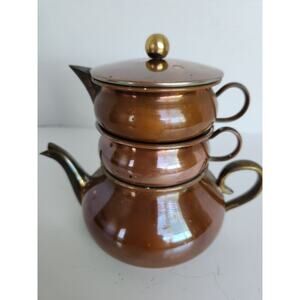 Vtg Solid Copper Stackable Teapot Turkish Style Sugar Bowl Creamer Primitive